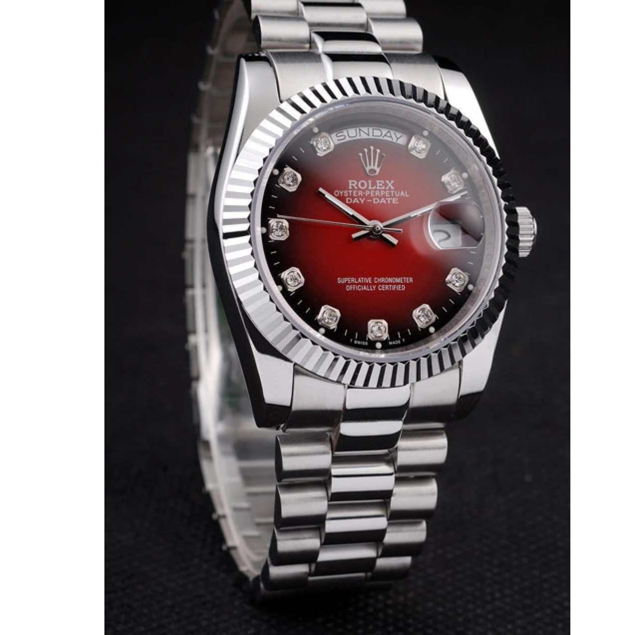 Aaa fake watches Stainless Tone Red Day-Date Two Rolex Steel Dial Polished 0731